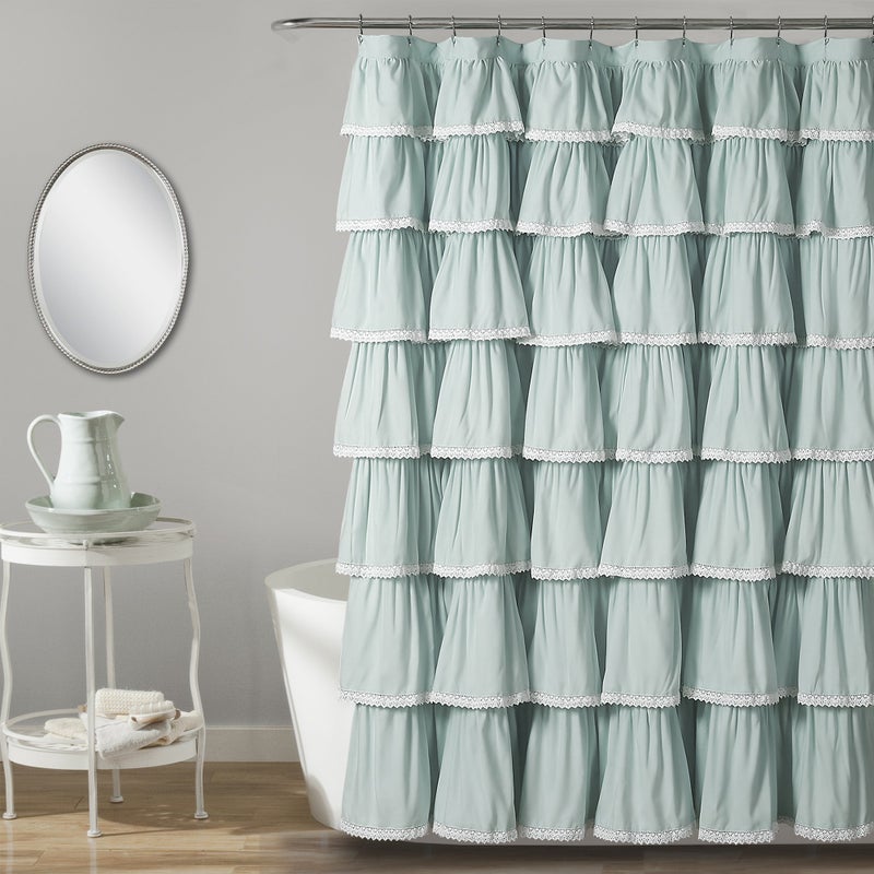Lush Decor Lace Ruffle Shower Curtain Single 72" W x 72" L Blue - Blue Shower Curtains for Bathroom - Ruffle Bathroom Curtain - Coquette Bathroom Decor - Image 1